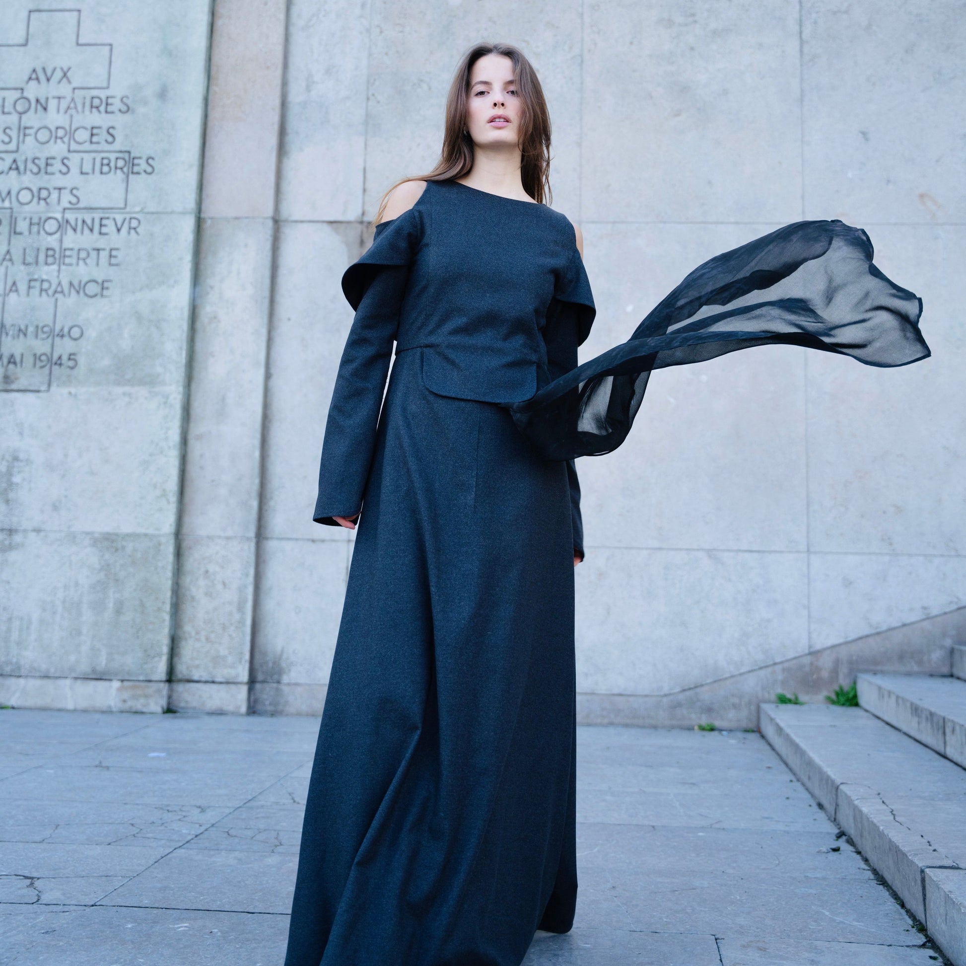 WOOL DRESS WITH SILK CHIFFON SCARF nouraalghilaisi WOOL DRESS WITH SILK CHIFFON SCARF nouraalghilaisi