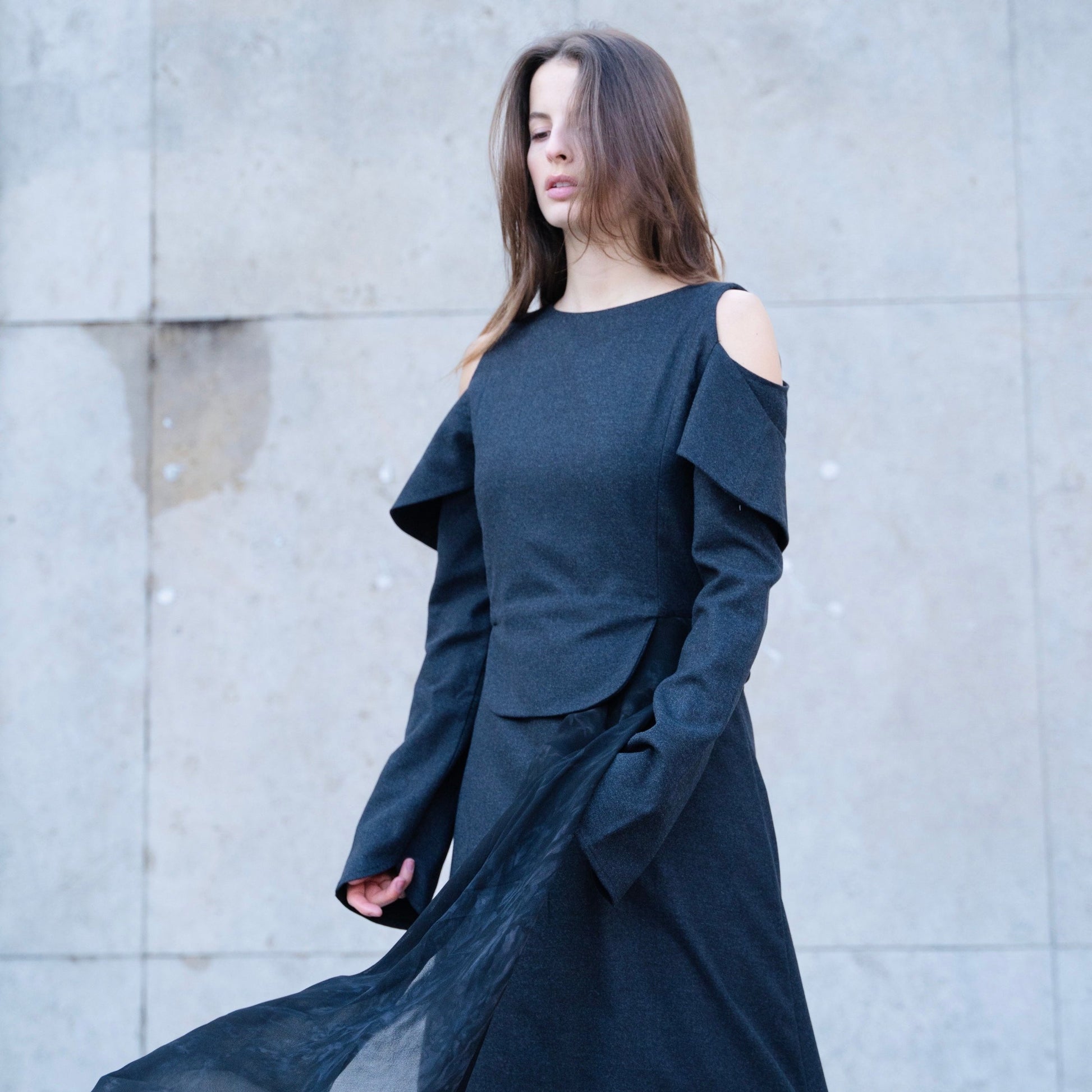 WOOL DRESS WITH SILK CHIFFON SCARF nouraalghilaisi WOOL DRESS WITH SILK CHIFFON SCARF nouraalghilaisi