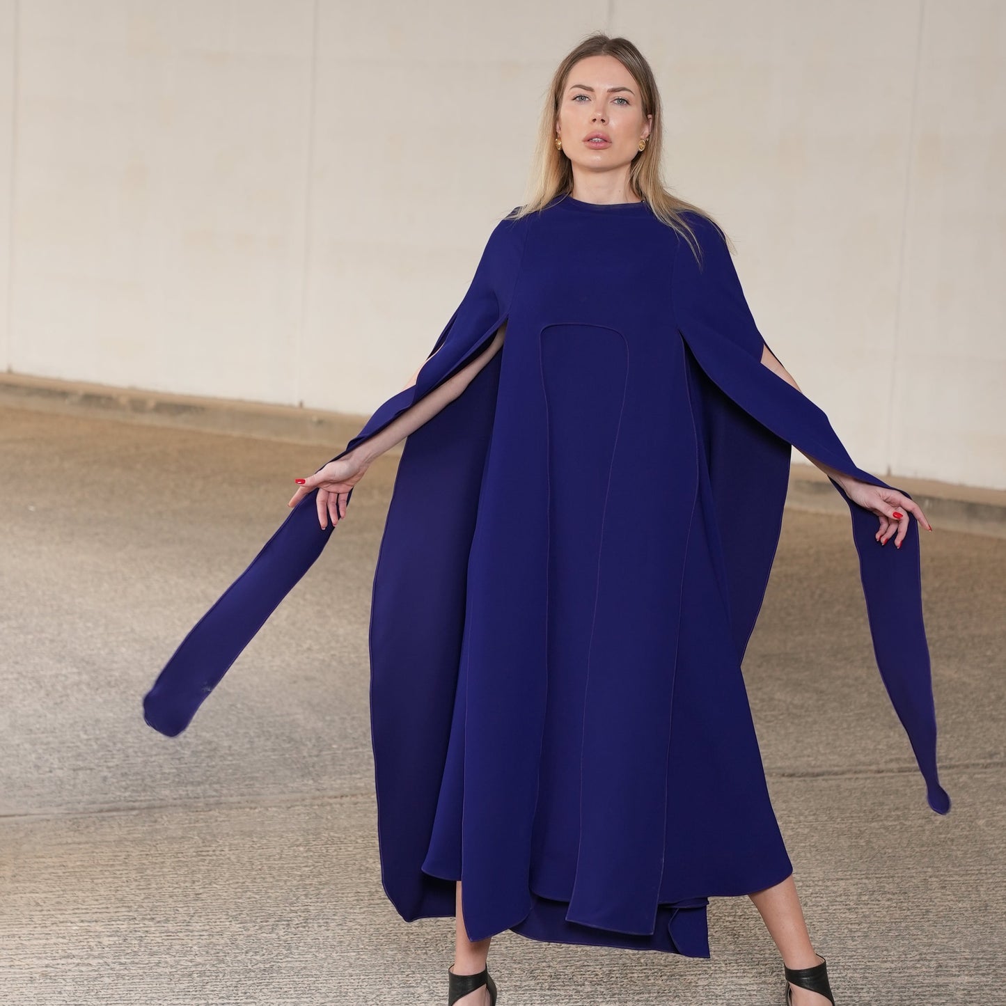 CREPE BLUE CAPE DRESS