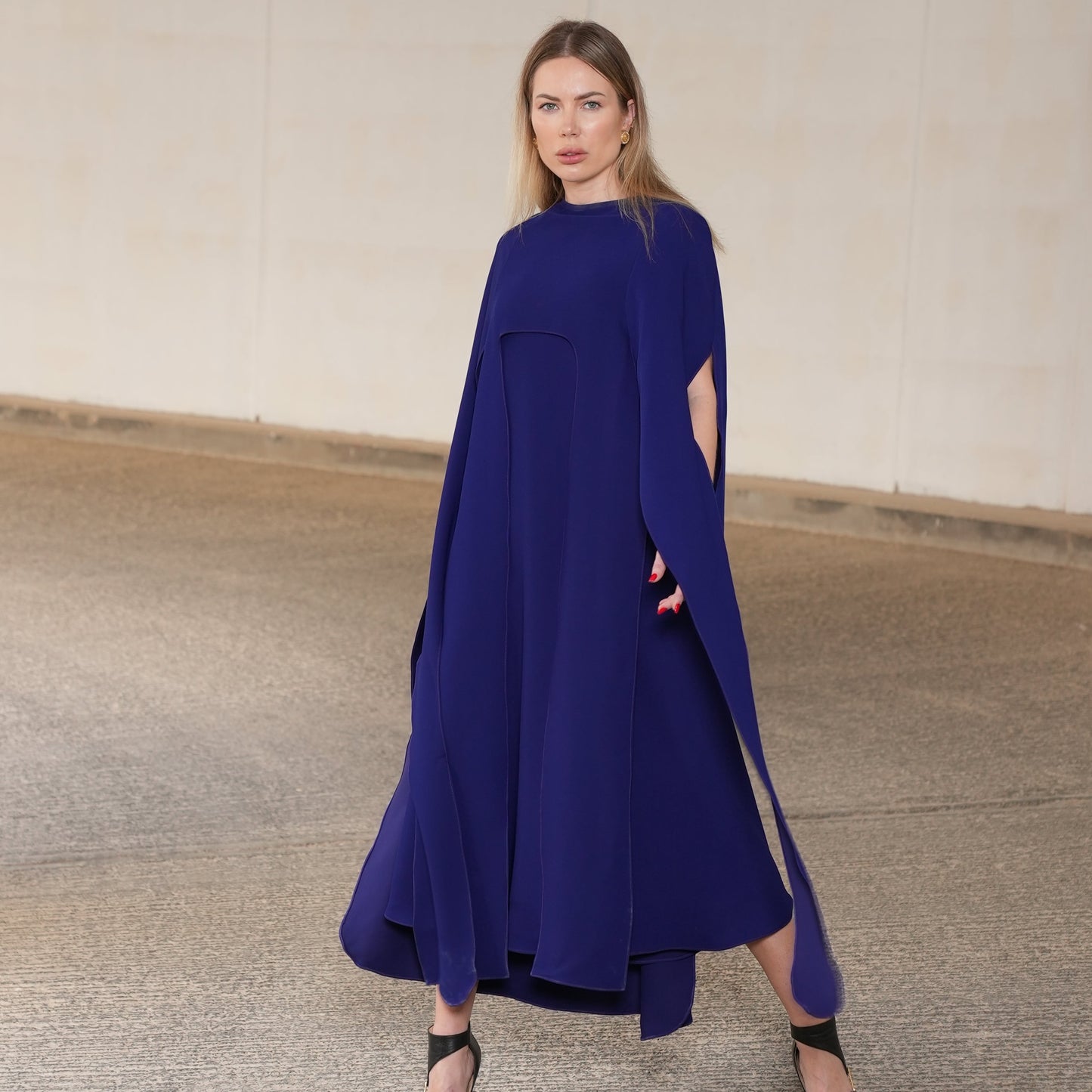 CREPE BLUE CAPE DRESS